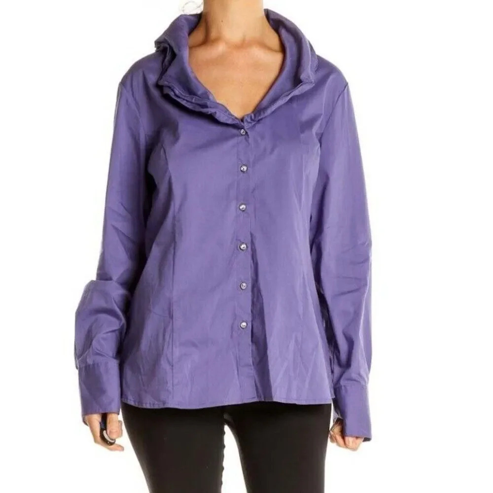 SOFT SURROUNDINGS Button-Up Shirt Womens Size Small Purple Moldable Ruffle Neck